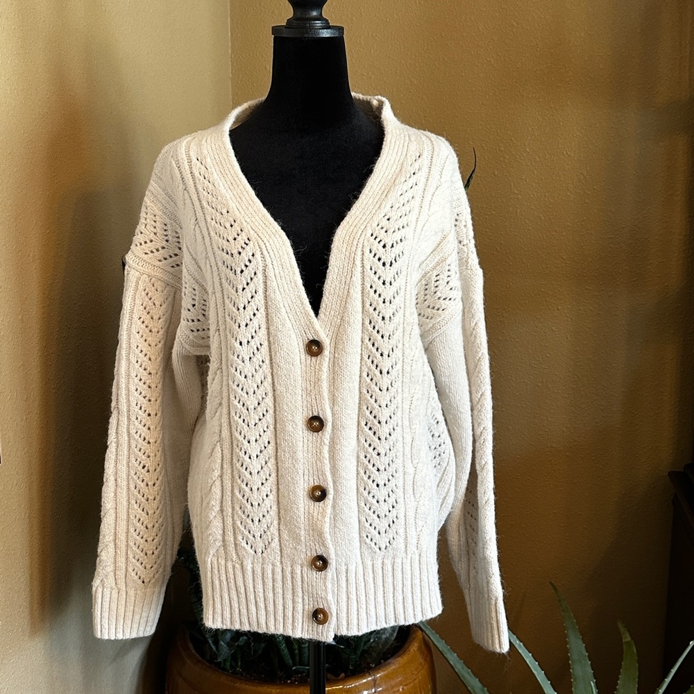 Anthropologie, cream chunky cable, knit button, front cardigan, sweater-M
